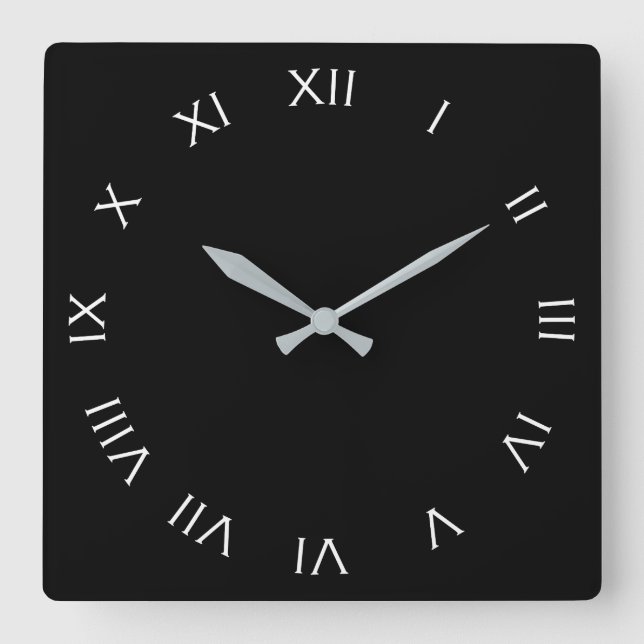 White Roman Numbers On Black wccn Square Wall Clock (Front)