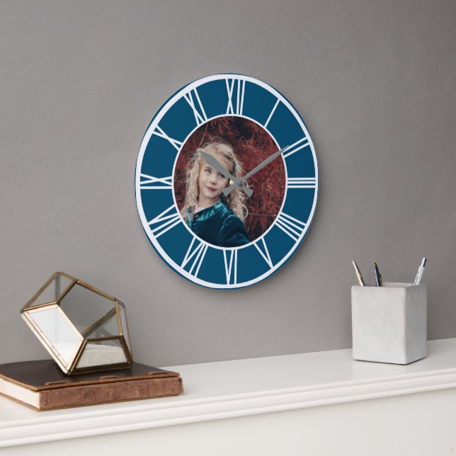 White Roman Numeral Border Ocean Blue RD Add Photo Large Clock (Office)