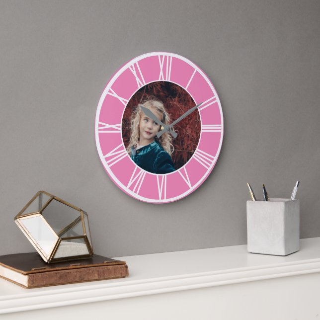 White Roman Numeral Border Pink Add Photo Round Large Clock (Office)