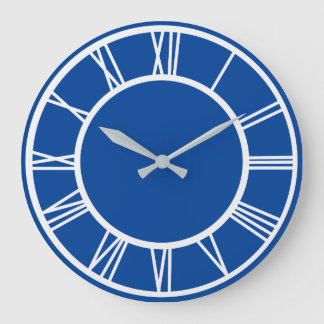 White Roman Numeral Pattern Border Deep Blue Round Large Clock