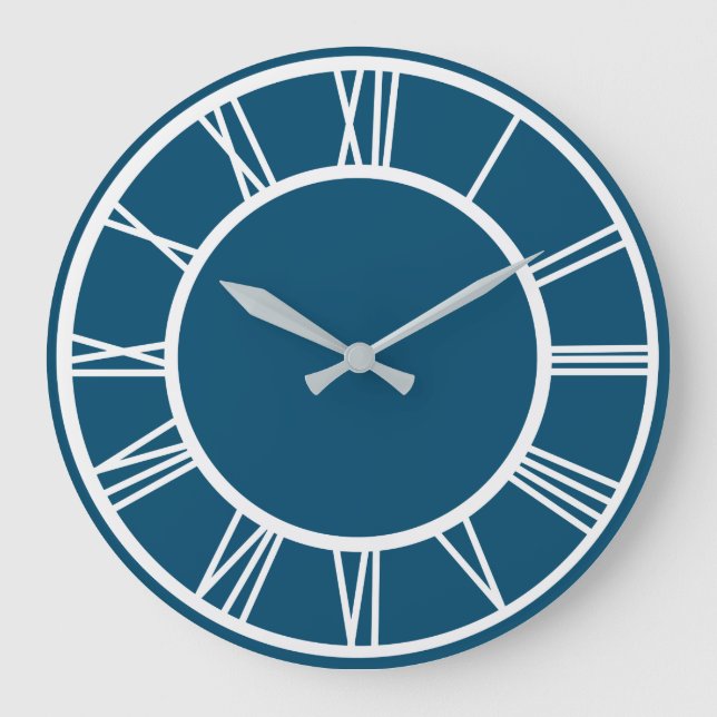 White Roman Numeral Pattern Border Ocean Blue RD Large Clock (Front)