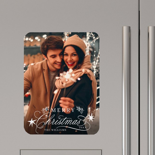 White Romantic Calligraphy Merry Christmas Photo Magnet (Creator Uploaded)