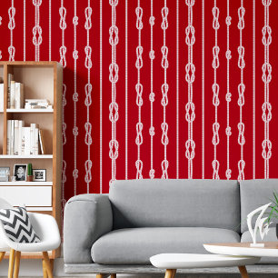 White rope and sailor's knots pattern on red wallpaper