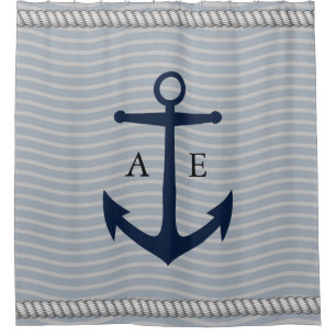 White Ropes and Navy Anchor Monogram Shower Curtain