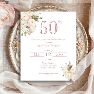 White Rose 50th Birthday Budget Invitation