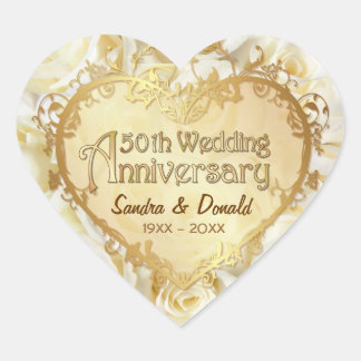 White Rose 50th Golden Wedding Anniversary Heart Sticker