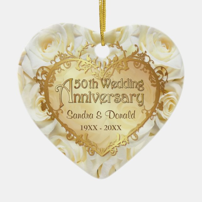 White Rose 50th Wedding Anniversary Ceramic Tree Decoration (Front)