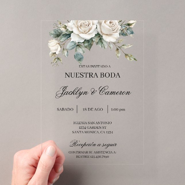 White Rose acrylic Spanish Wedding Invitations (Insitu (Handheld))
