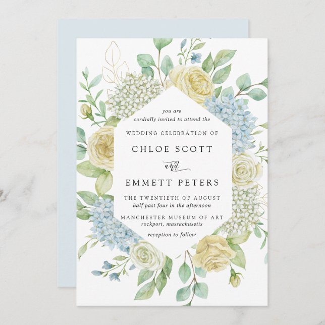 White Rose and Blue Hydrangea Wedding Invitation (Front/Back)
