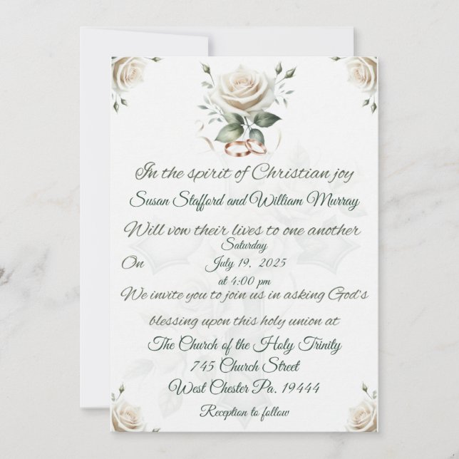 White Rose and Cross Christian Wedding Invitation (Front)
