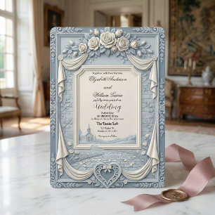 White Rose and Dusty Blue Cream Romance Wedding Invitation