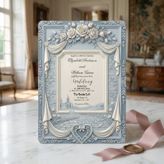 White Rose and Dusty Blue Cream Romance Wedding Invitation