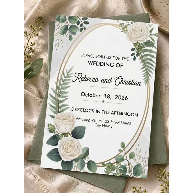 White Rose and Eucalyptus Geometric Gold Wedding Invitation (Creator Uploaded)