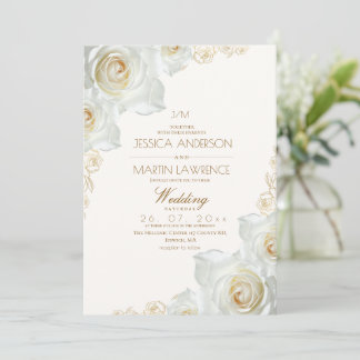  White Rose and Gold Flowers Elegant Soft Wedding  Invitation