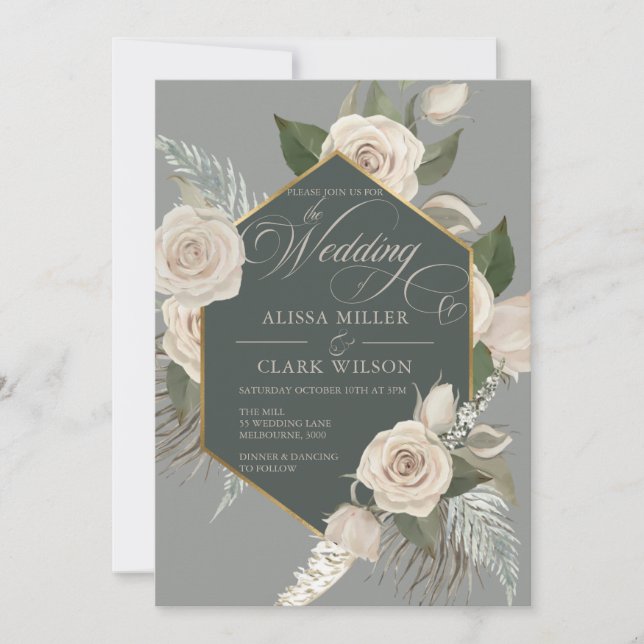 White Rose And Gold Forest Green Wedding Invitation (Front)