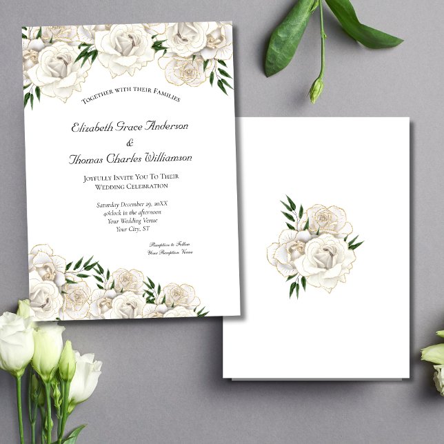 White Rose and Gold Formal Elegant Classic Wedding Invitation (White Roses Gold Trim Elegant Wedding Invitation. Printed or Instant Digital Download)