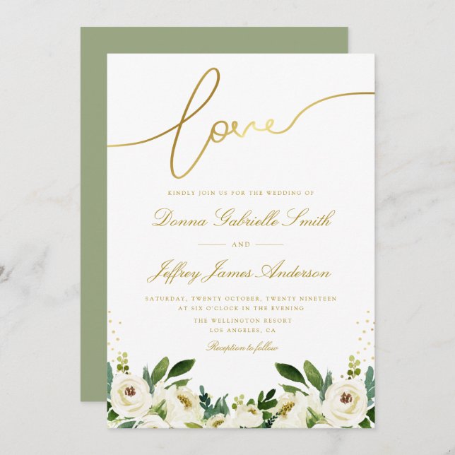 white rose and greenery wedding invitation (Front/Back)
