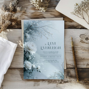 White Rose and Icy Blue Mist Winter Wedding Invitation