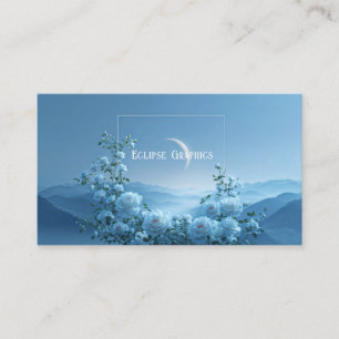 White Rose and Misty Blue Mountain Crescent Moon Business Card