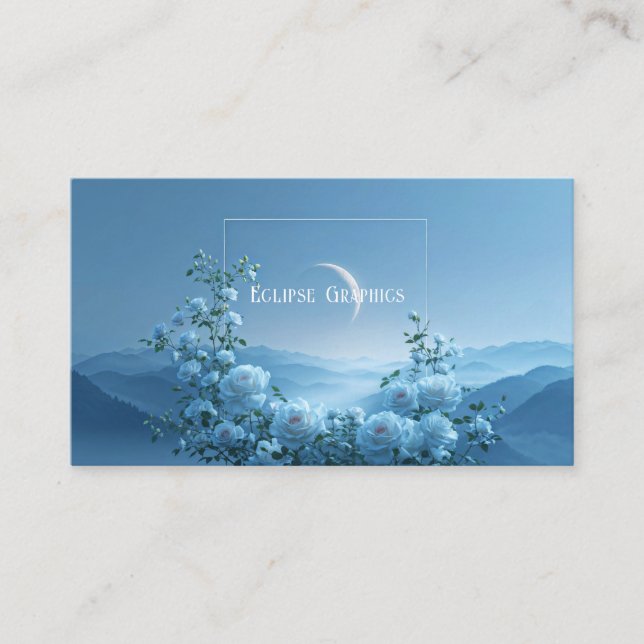 White Rose and Misty Blue Mountain Crescent Moon Business Card (Front)