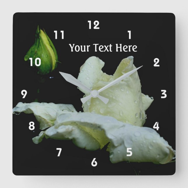 White Rose And Raindrops Flower Personalized Square Wall Clock (Front)