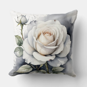 White Rose and rosebud, Silver Leaves Cushion