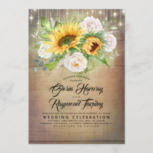 White Rose and Sunflower Rustic Fall Wedding Invitation