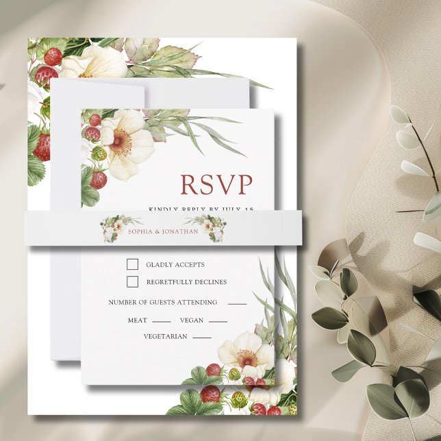 White Rose and Wild Strawberry Wedding Invitation Belly Band (White Rose and Wild Strawberry Wedding Invitation Belly Band)