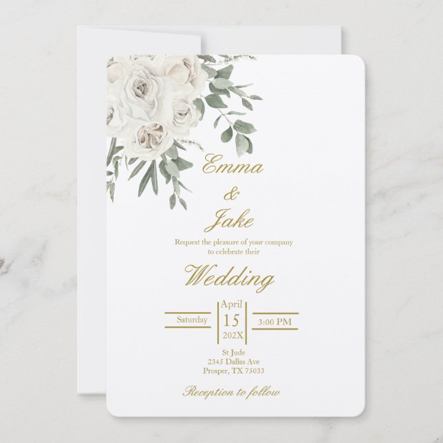 White Rose beige wedding  Invitation (Front)