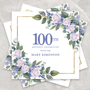 White Rose Blue Floral Custom 100th Birthday Party Napkin