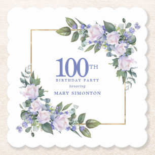 White Rose Blue Floral Custom 100th Birthday Party Paper Coaster