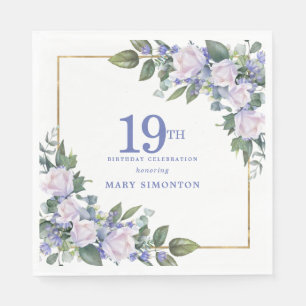 White Rose Blue Floral Custom 19th Birthday Party Napkin