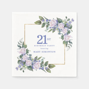 White Rose Blue Floral Custom 21st Birthday Party Napkin