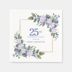 White Rose Blue Floral Custom 25th Birthday Party Napkin