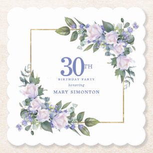 White Rose Blue Floral Custom 30th Birthday Party Paper Coaster