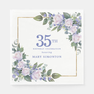 White Rose Blue Floral Custom 35th Birthday Party Napkin