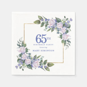 White Rose Blue Floral Custom 65th Birthday Party Napkin