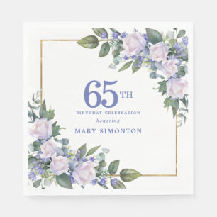 White Rose Blue Floral Custom 65th Birthday Party Napkin
