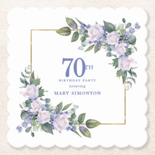 White Rose Blue Floral Custom 70th Birthday Party Paper Coaster