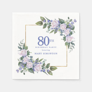 White Rose Blue Floral Custom 80th Birthday Party Napkin