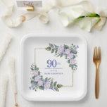 White Rose Blue Floral Custom 90th Birthday Party Paper Plate<br><div class="desc">New for Summer 2024. White roses and blue flowers create a beautiful and elegant floral border that decorate a gold frame. All text is editable.</div>
