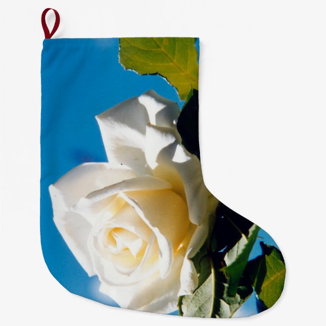 White rose, blue sky  large christmas stocking (Front)