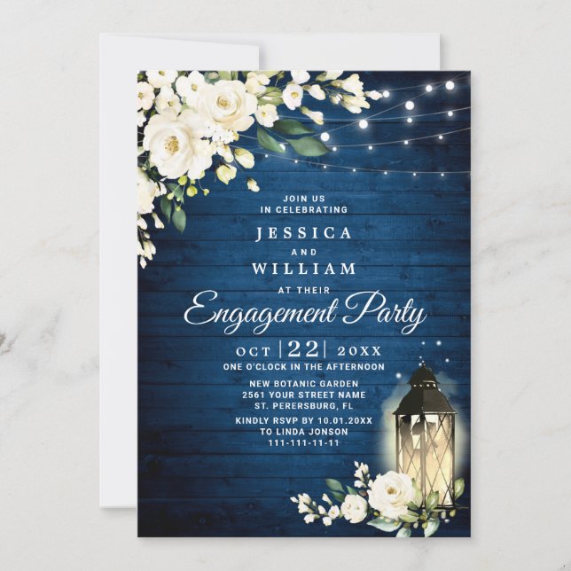 White Rose Blue Wood Rustic Engagement Party Invitation (Front)
