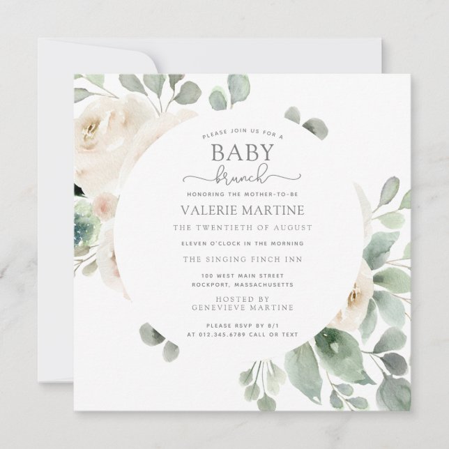 White Rose Botanical Baby Brunch Invitation (Front)