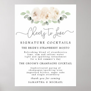 White Rose Botanical Cocktails Wedding Bar Sign