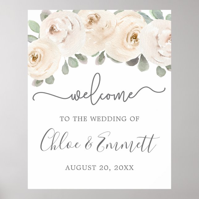 White Rose Botanical Wedding Welcome Sign (Front)