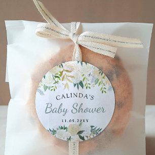 White Rose Bouquet   Baby Shower Classic Round Sticker