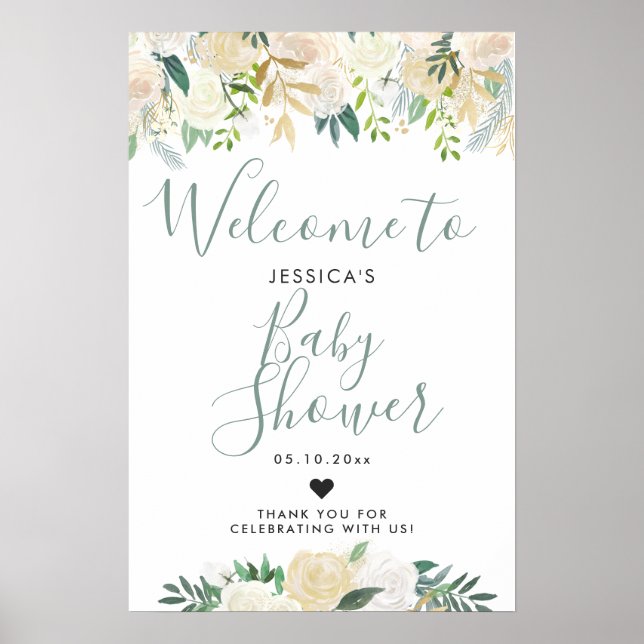 White Rose Bouquet | Baby Shower | Welcome Poster (Front)