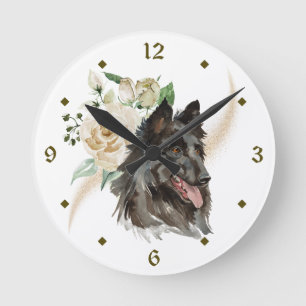 White Rose Bouquet Belgian Tervuren Dog Round Clock