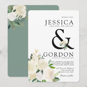 White Rose Bouquet Bold Ampersand Wedding Invite